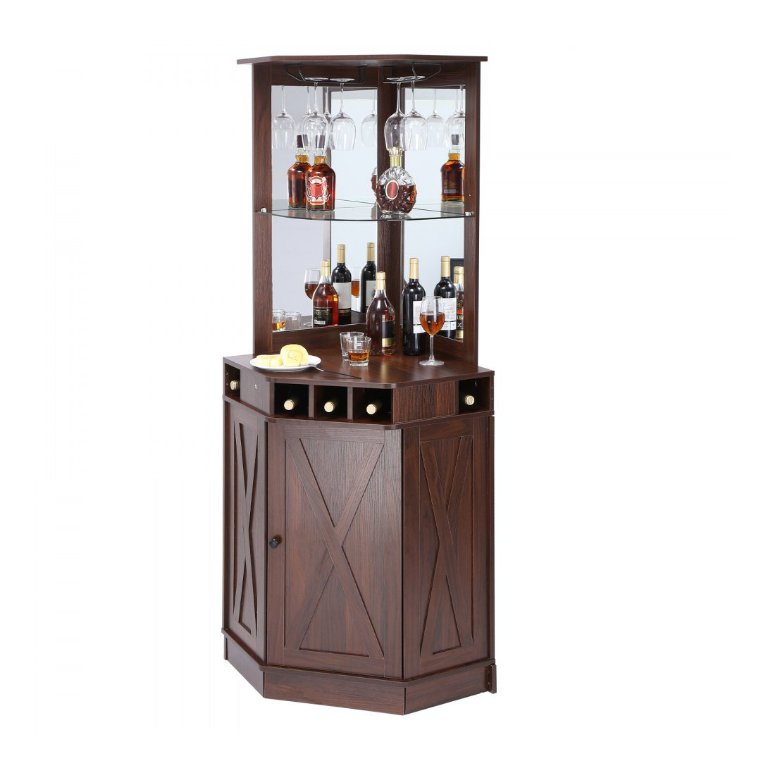 Corner Industrial Bar Cabinet, Wine Table for Liquor & Glasses, Sideboard